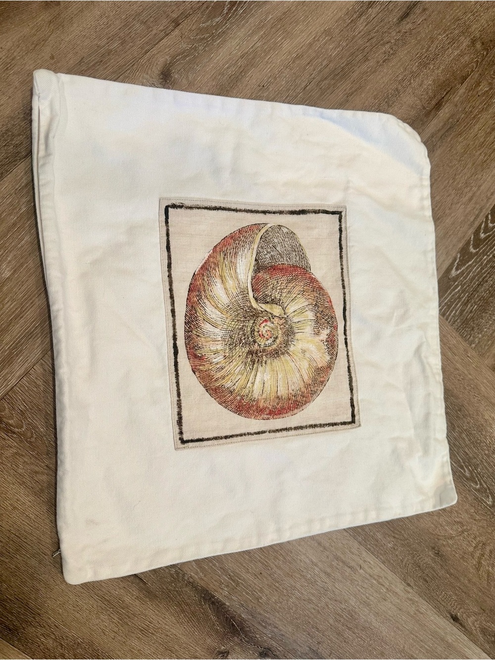 Pottery Barn Cream Shell Accent Pillow Cover with Gold and Brown Shell Motif